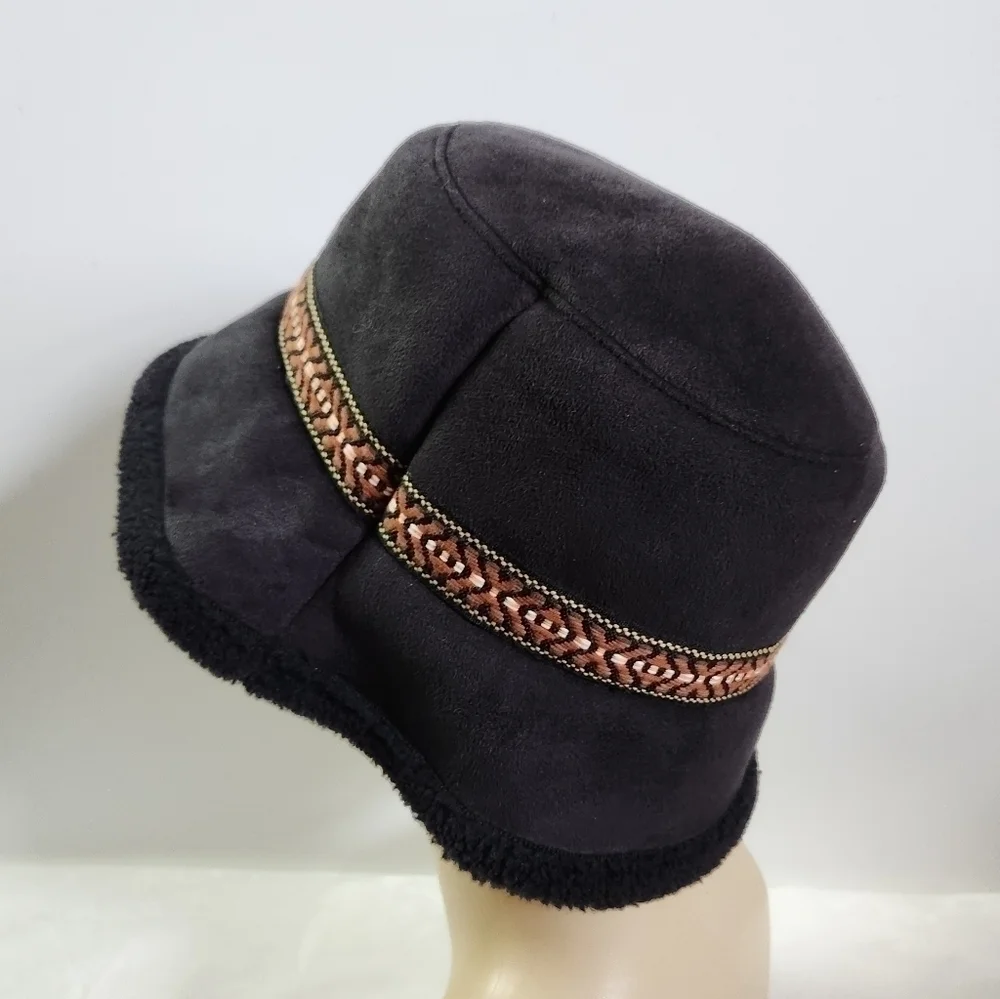 NINE & Company Black Faux Suede Faux Fur Tribal Native Aztec Bucket Hat